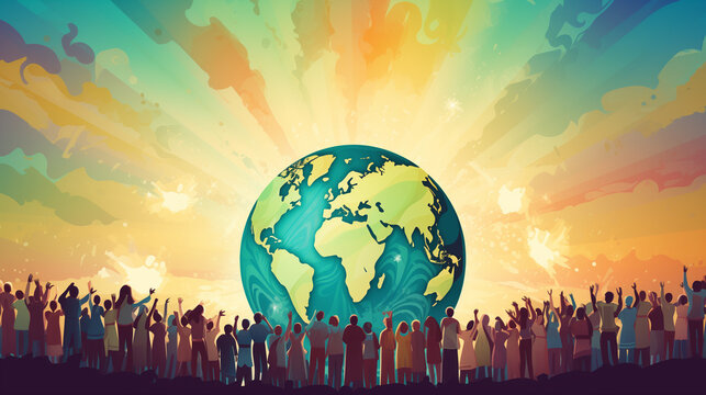 Global unity celebration with diverse crowd and world illustration, unity and peace theme