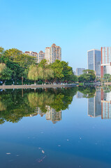 The park's lakeshore woods and urban residential architecture