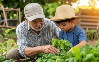 An elderly man and a young boy joyfully gardening together, planting fresh greens in a sunlit garden, bonding through nature.