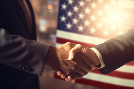 Business handshake with American flag in background, formal partnership agreement