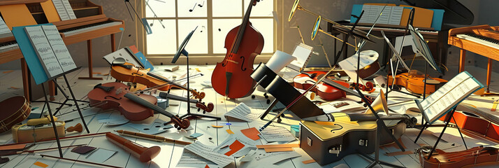 The Music Mania: Instruments of all shapes and sizes strewn about a practice room, music stands toppled over and sheet music scattered.