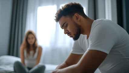 Young depressed man sitting on the edge of bed having problems in sexual life and impotent