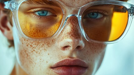 Close-up of person's ear wearing clear frame sunglasses