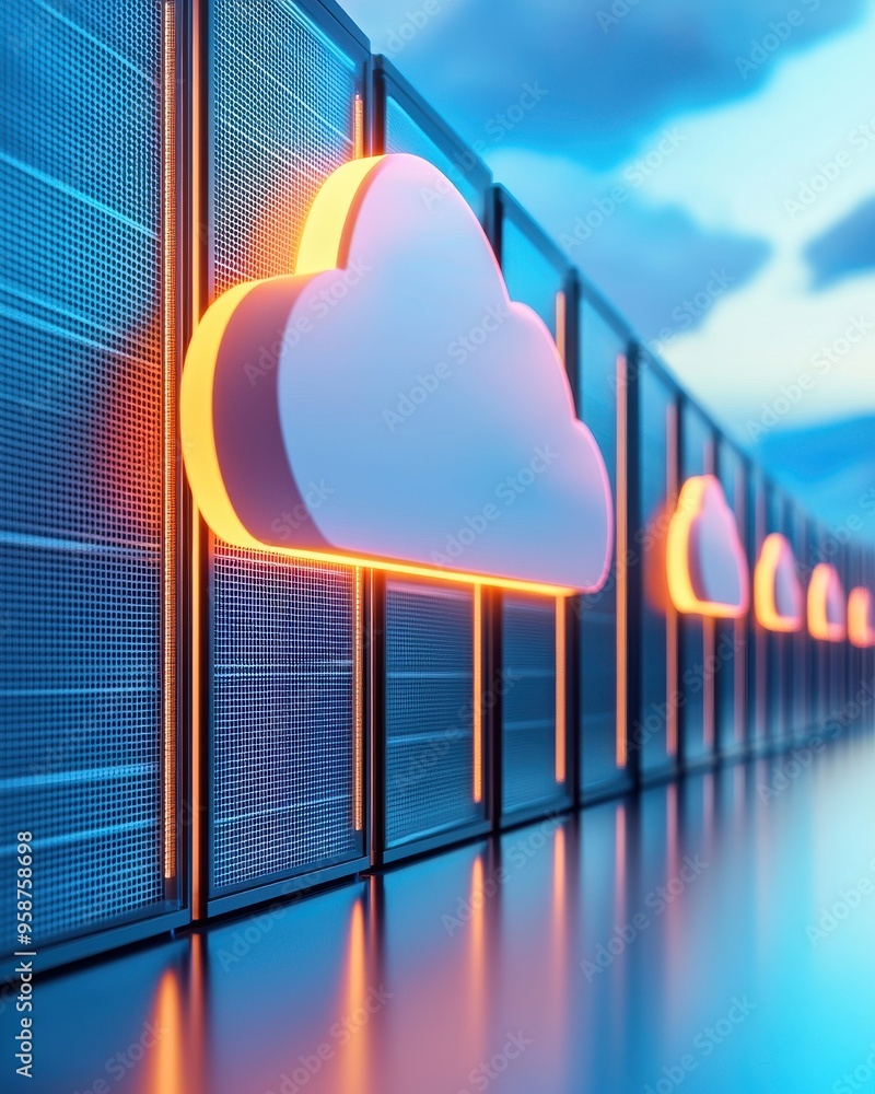 Aufkleber futuristic cloud design on a digital server with glowing accents, representing innovative technology