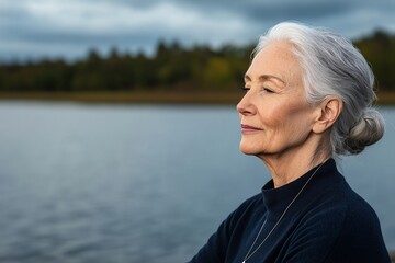 A serene elderly woman gazes thoughtfully at the calm lake, embodying peace and reflection in a natural setting.