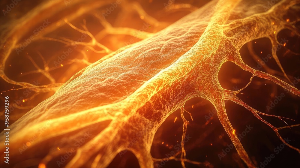 Aufkleber Abstract view of glowing nerve cells showcasing intricate patterns and dynamic energy in a captivating orange hue.