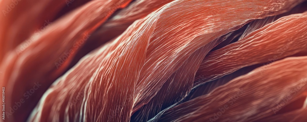 Poster Close-up view of muscle fibers showcasing intricate textures and organic patterns in rich reddish tones.