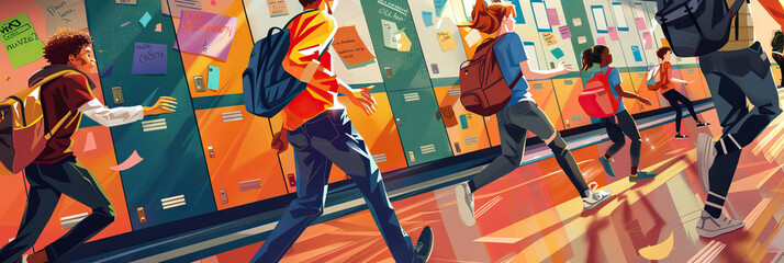 The Hallway Hustle: Students rushing past lockers adorned with colorful posters and notes, backpacks slung over shoulders.