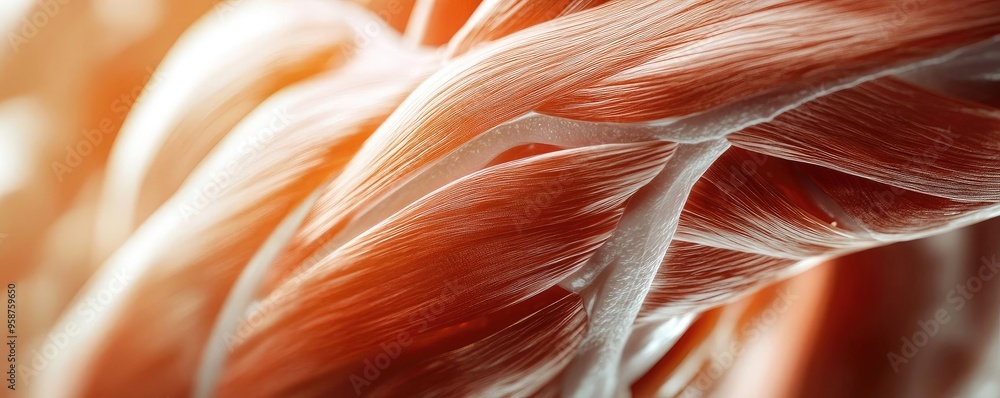 Poster close-up view of human muscle fibers showcasing intricate textures and rich colors, emphasizing stre