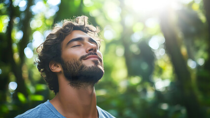 Portrait of a young man taking deep breath fresh air with copy space. Relaxation and well-being concept