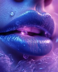 Fototapeta premium Dripping blue lips with purple glow and water drops