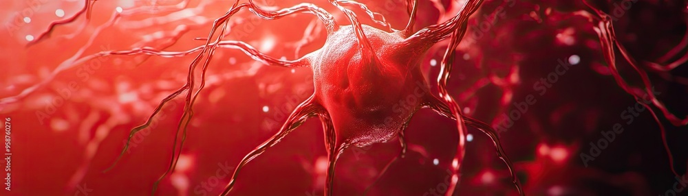 Poster a close-up view of a neuron in vibrant red hues, showcasing intricate details and connections. ideal