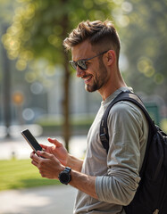 Stylish Caucasian man with glasses looking at phone outdoors