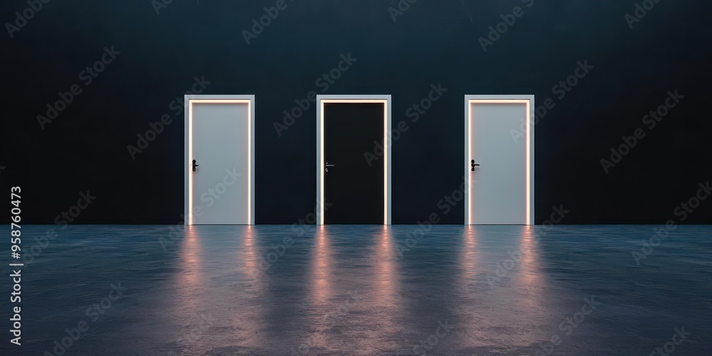 Poster a darkened room with three distinct doorways, each lit differently, symbolizing the complexity of de