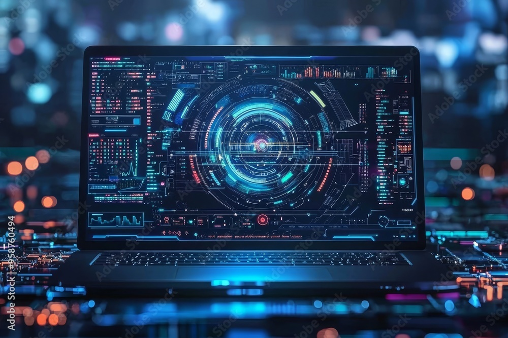 Poster a futuristic illustration of a laptop in neon colors. a computer is being used to generate the image