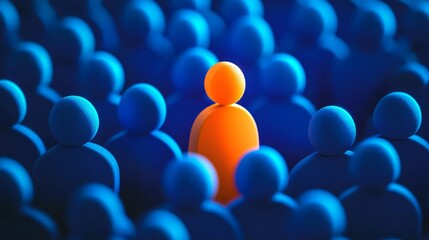 An orange figure stands out among a crowd of blue figures, symbolizing uniqueness and individuality in a sea of conformity.