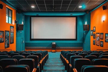 Empty Movie Theater Seats Facing a Blank Screen
