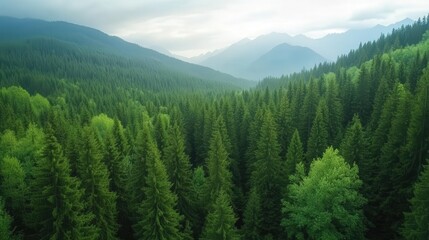 Fototapeta premium Breathtaking aerial view of lush green forest with towering trees and mountains in the background, capturing nature's tranquility.