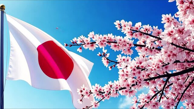 Japanese flag and cherry blossoms against blue sky, symbolizing Japan&rsquo;s culture and natural beauty. Perfect for travel and cultural themes.