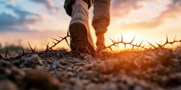 foot breaking through a barrier of thorns on a path, symbolizing the pain and perseverance needed to overcome obstacles