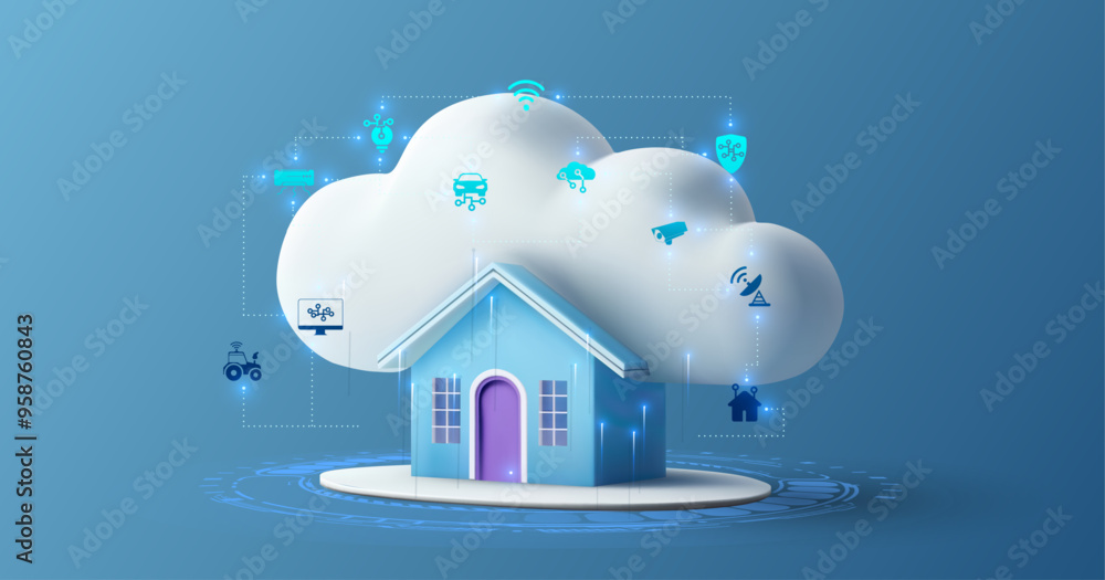 Poster 3d vector illustration of a smart home connected to a cloud network, featuring various iot devices a