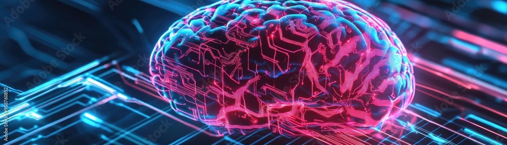 Poster a vibrant digital brain design, showcasing neural connections and circuits, ideal for technology and