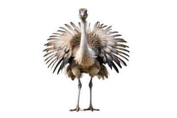 Full body ostrich, standing still, isolated against a pure white backdrop, capturing every feather detail, sharp focus on the sparse plumage, feet firmly planted, body oriented in serene stillness