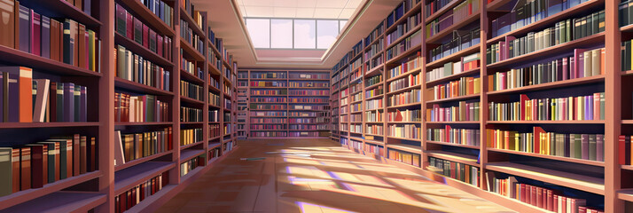 Obraz premium Learning Labyrinth: Aisles of bookshelves packed with educational tomes, leading to a cozy reading nook.
