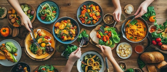 Top view of a table with colorful plant-based meals, vibrant and healthy food options, people sharing a conscious dining experience, promoting intuitive eating, selective focus

