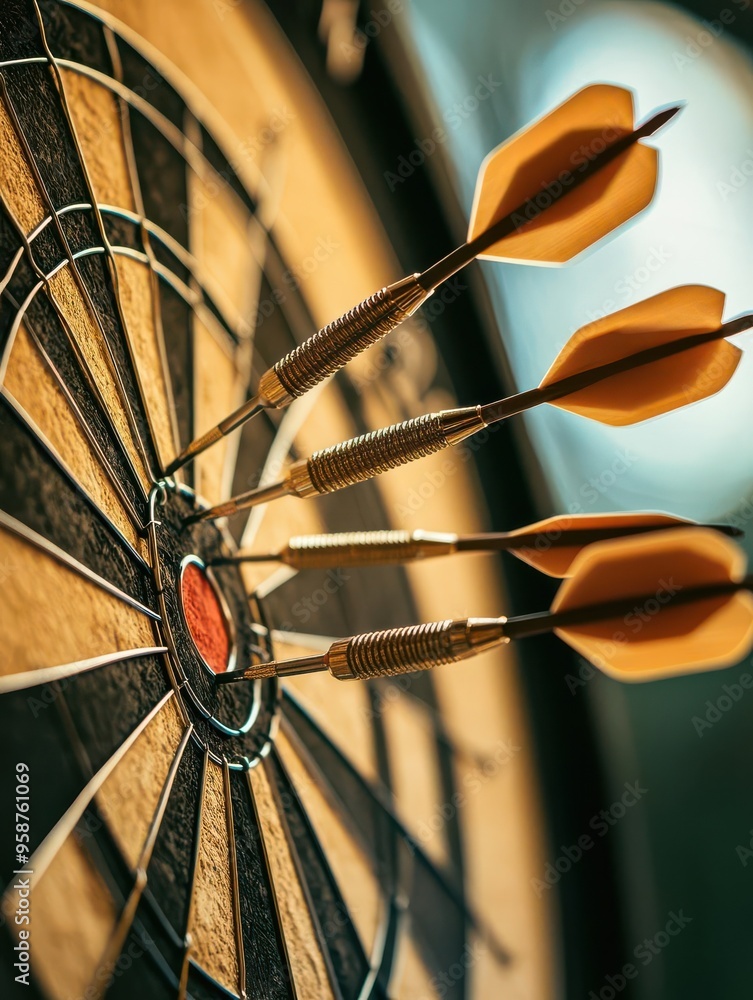Poster dartboard with multiple darts, each representing a different decision, stuck in various parts of the