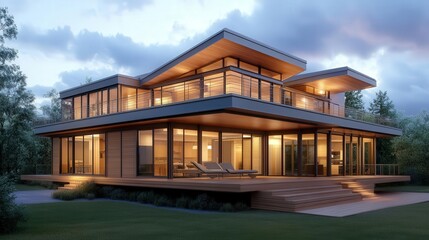 Fototapeta premium Modern house design with large glass windows and wooden elements, set in a serene landscape under a beautiful evening sky.