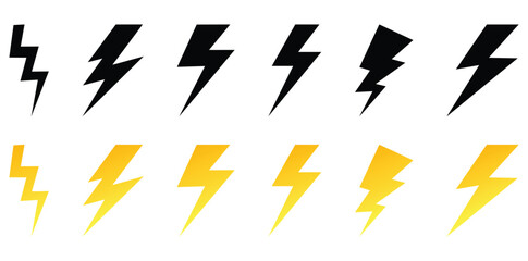 Flash lightning bolt icons, striking designs, energy symbols, Yellow lightning bolts on white background, dynamic graphic elements, perfect for logos, posters, and digital media