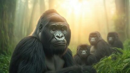 A close-up of a majestic gorilla in a lush forest, surrounded by companions, illuminated by soft, golden sunlight.