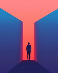 A figure standing before a towering obstacle, using a hightech device to project a pathway through it, representing innovative problem solving