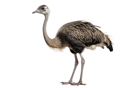 Full body ostrich, standing still, isolated against a pure white backdrop, capturing every feather detail, sharp focus on the sparse plumage, feet firmly planted, body oriented in serene stillness