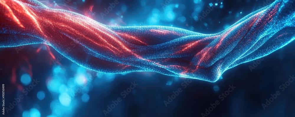 Poster abstract image of intertwined fibers glowing in red and blue, symbolizing energy, movement, and conn