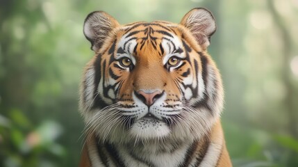 Fototapeta premium Majestic tiger portrait showcasing striking features and vibrant colors in a lush green habitat.