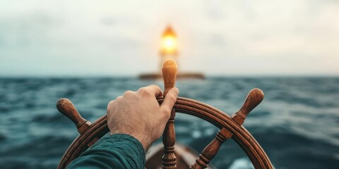 A hand adjusting a ship s wheel towards a glowing lighthouse on the horizon, representing steering in the right direction toward success