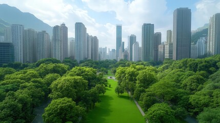 Fototapeta premium A stunning view of a lush green park surrounded by towering skyscrapers under a bright blue sky.