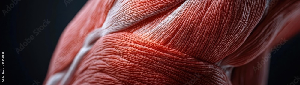 Poster close-up view of human muscle structure showcasing intricate fibers and textures, ideal for health a