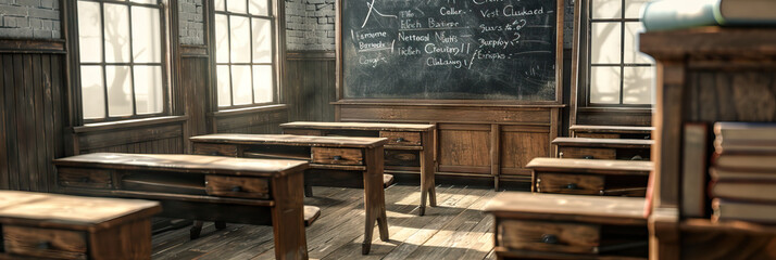 An antique classroom featuring an old blackboard, vintage chalk, and worn wooden desks.
