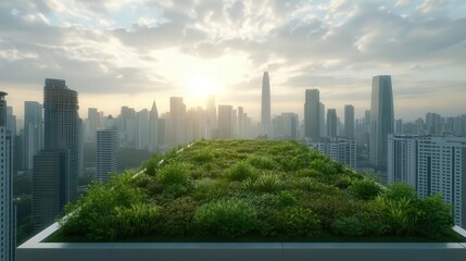 Obraz premium A scenic rooftop garden with lush greenery, offering a panoramic view of a vibrant city skyline during sunrise.