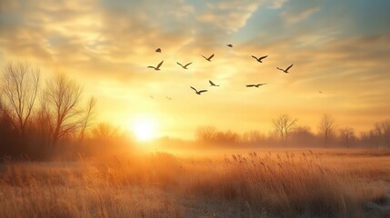 Obraz premium A serene sunrise over a misty field, with birds soaring in the sky, creating a tranquil atmosphere of nature's beauty.