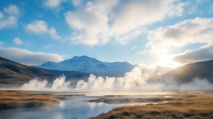 Fototapeta premium Breathtaking mountain landscape with mist, serene water, and vibrant skies, capturing the beauty of nature in a tranquil setting.
