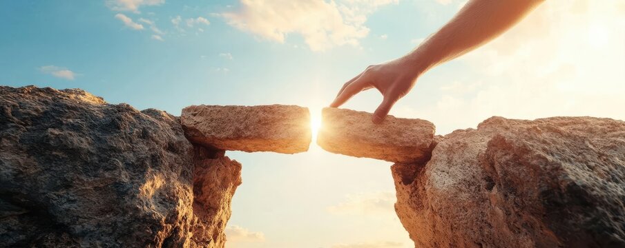 A hand connecting the last piece of a bridge over a deep chasm, symbolizing how solving problems can create pathways through barriers