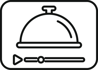 Simple line icon of a cloche placed over a video play bar, symbolizing an online food delivery app