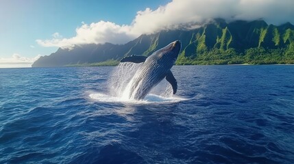 Fototapeta premium A majestic whale breaching the ocean surface with stunning mountains in the background, showcasing nature's beauty and power.