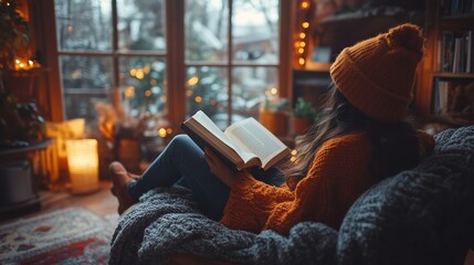 Cozy reading nook in a warmly lit living room during fall, featuring a person enjoying a book by the window