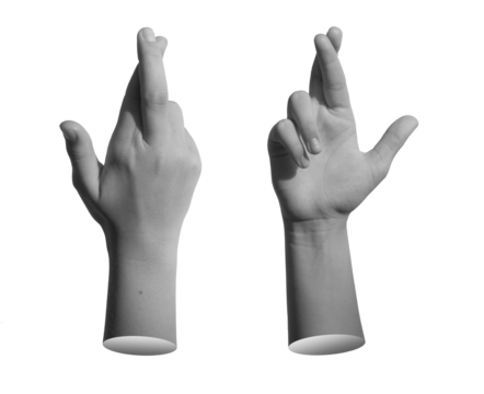 Finger crossed, lier gesture. Isolated hand, superstition sign, lucky symbol of hope, white background.