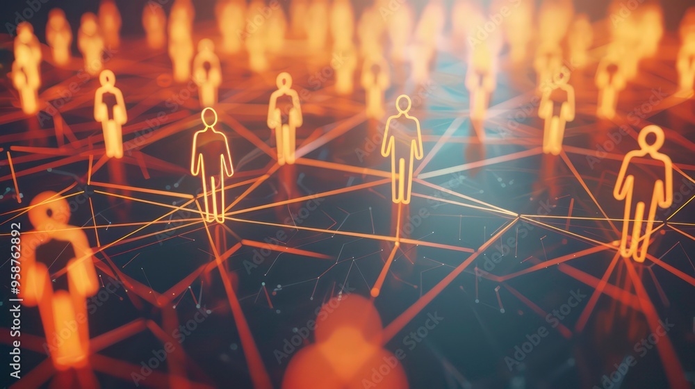 Poster abstract network of connected figures, representing communication and social interaction.